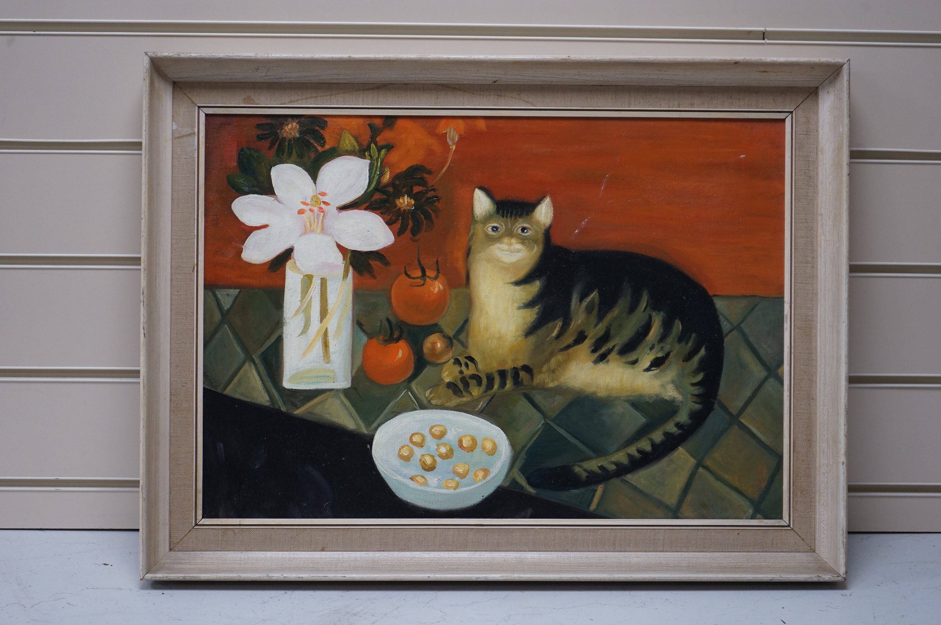 A decorative oil on board, Still life and cat, 34 x 48cm. Condition - good